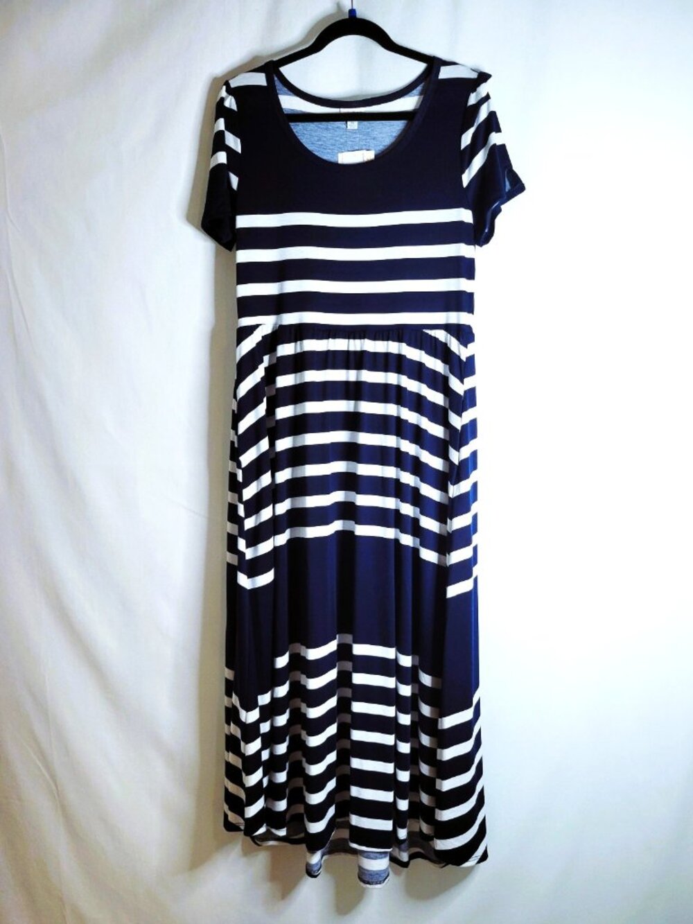 LuLaRoe RILEY Maxi Dress Women's XL Navy Blue White Stripe Pockets Modest Costal